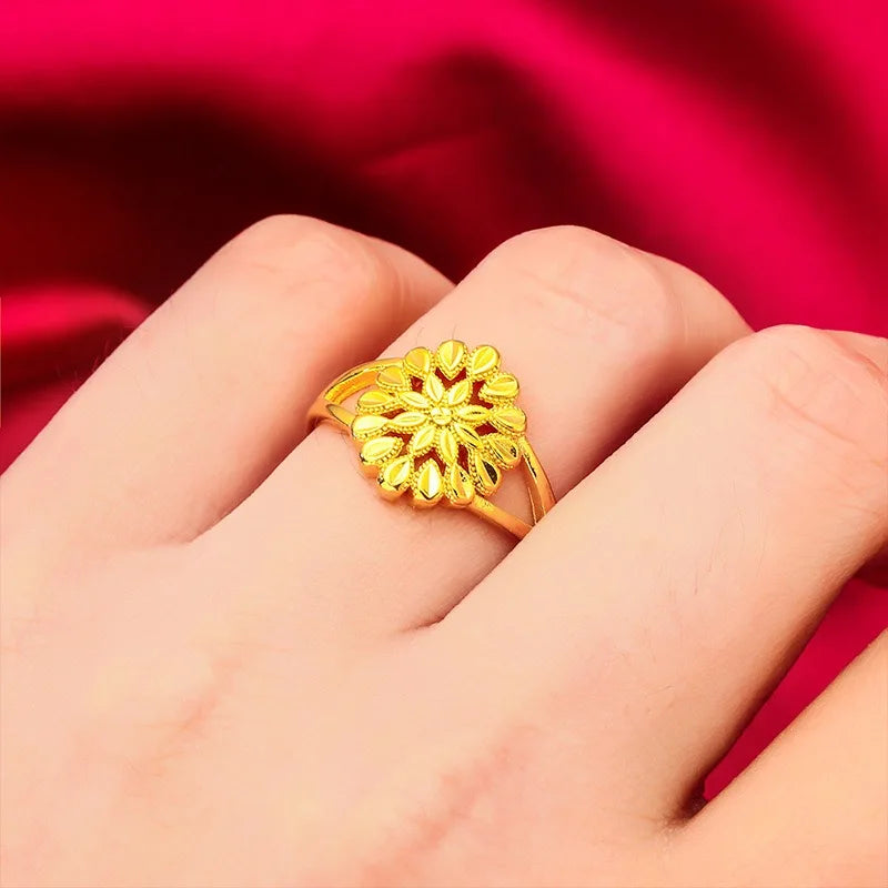 Bague Or 24K Réglable Femme - Fleur Pistolet Au999 Authentique