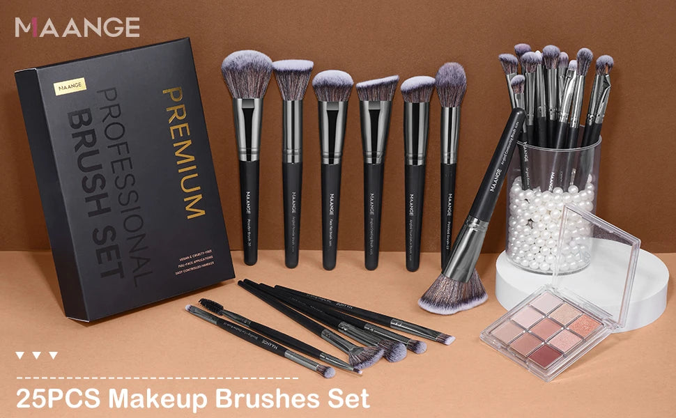 MAANGE-Kit de pinceaux de maquillage professionnels, brosses de beauté pour le visage, les yeux, le fond de teint, le fard à barrage, le contour, coffret cadeau, 25 pièces - Lencensa 