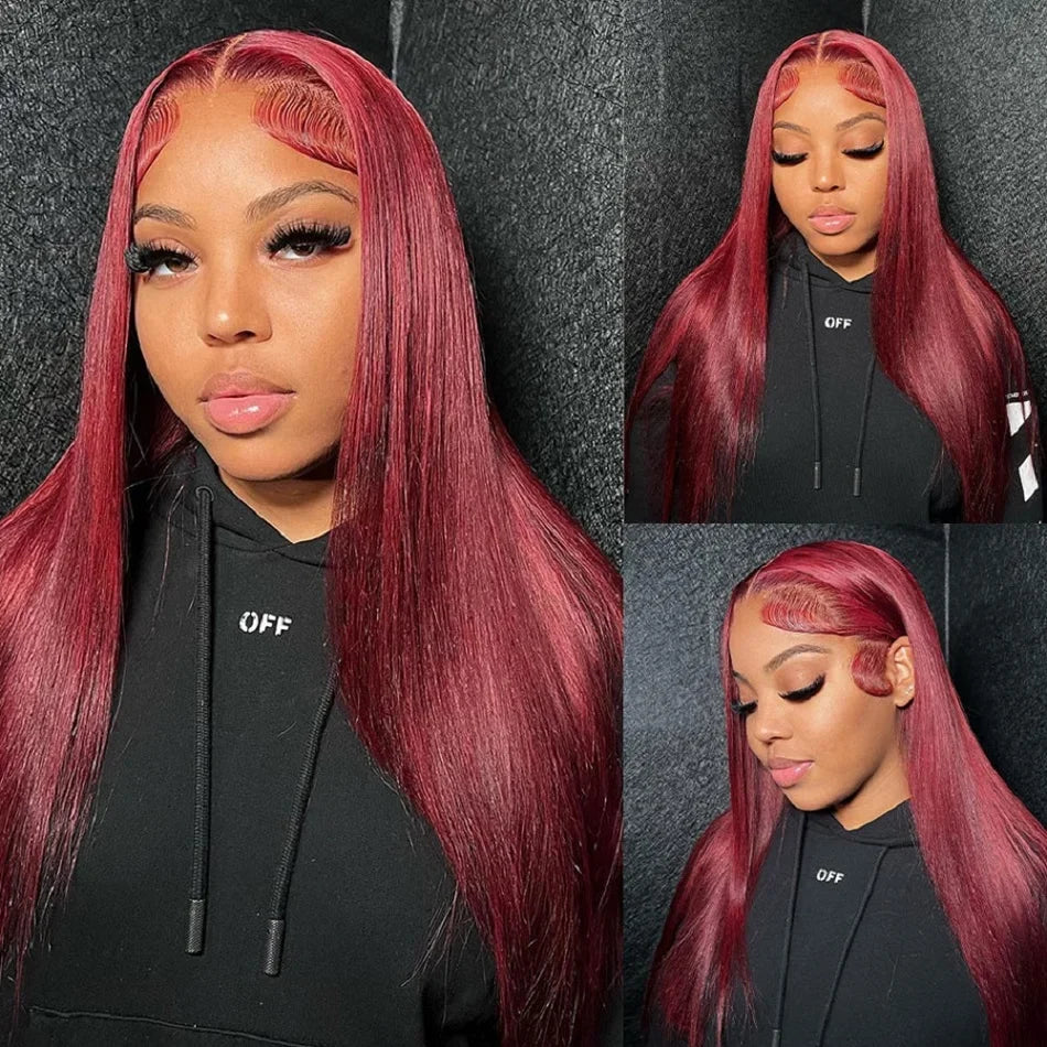 Perruque Lace Front Wig brésilienne naturelle, cheveux lisses, 13x6, 99J, 13x4, couleur rouge bordeaux, pre-plucked, 100%