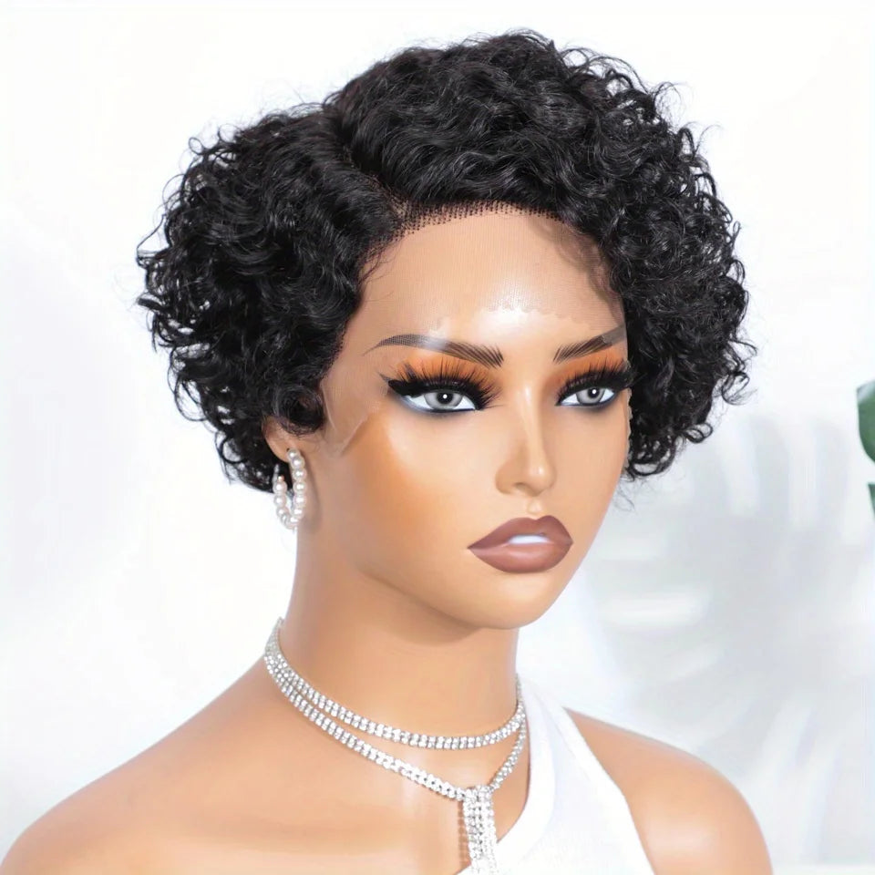 Cheveux brésiliens coupe lutin courte bouclée Bob perruque 13x6x1 t-lace avant perruque de cheveux humains profond bouclés Transparent dentelle partie perruques pour les femmes