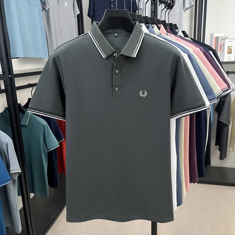 100% coton de luxe flambant neuf hommes brodé style court été confortable respirant polo affaires t-shirt style décontracté haut - Lencensa 