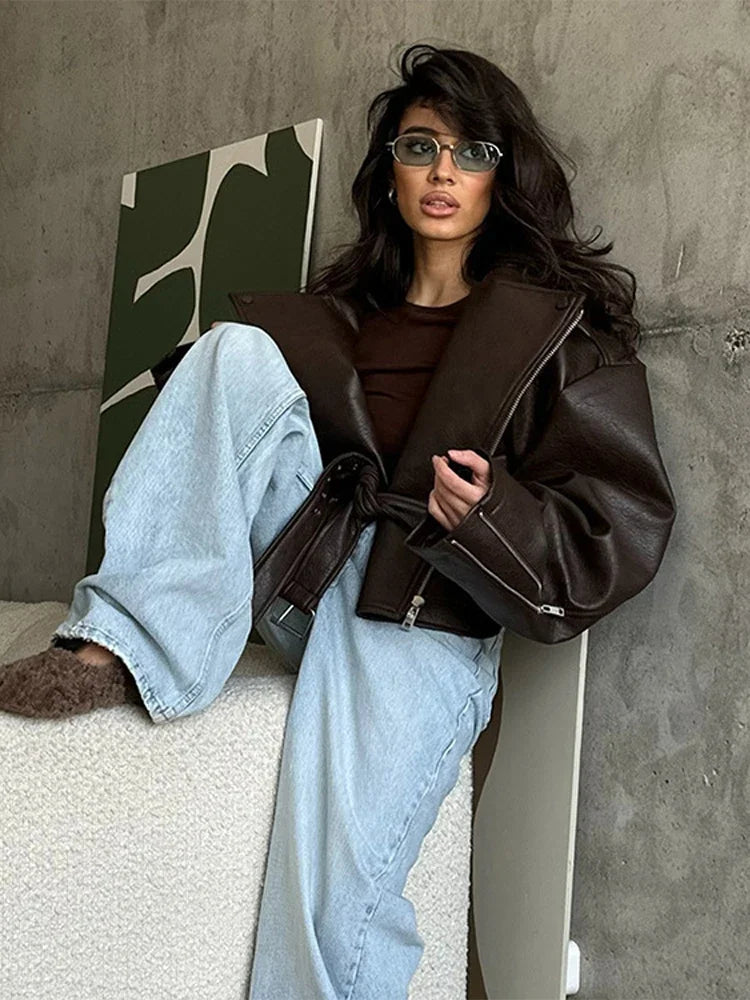 Veste Femme en Cuir Marron avec Ceinture - Style Motard Automne