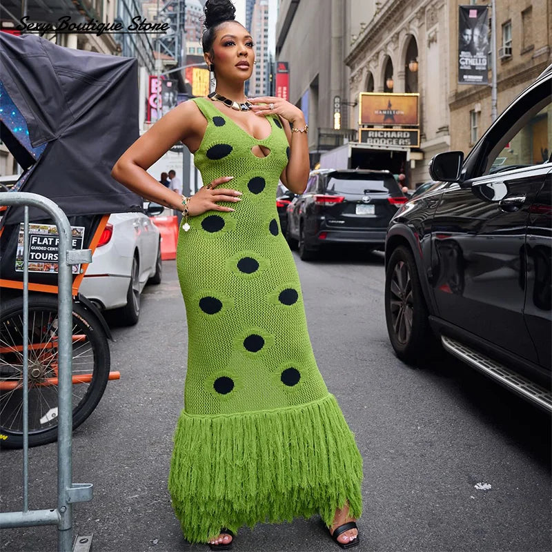 Femmes Sexy voir à travers tricoté Maxi robe évider col profond Pot Robes gland ourlet fourchette fête robes 2025 nouvelle dame Club robe