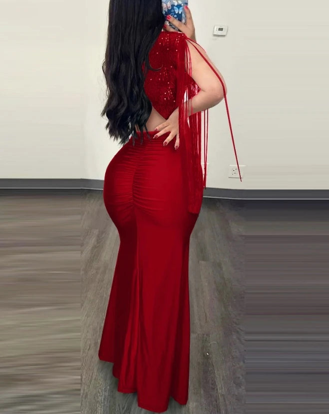 Robe de Soirée Élégante à Épaules Dénudées - Strass et Fente Latérale