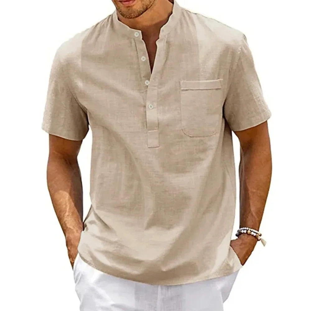 Chemise Homme King Billion - Col Henley Coton Lin Manches Courtes Été - Lencensa 
