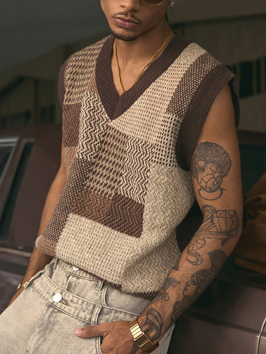 Lencensa - Gilet Homme Col V Tricot Motif Géométrique