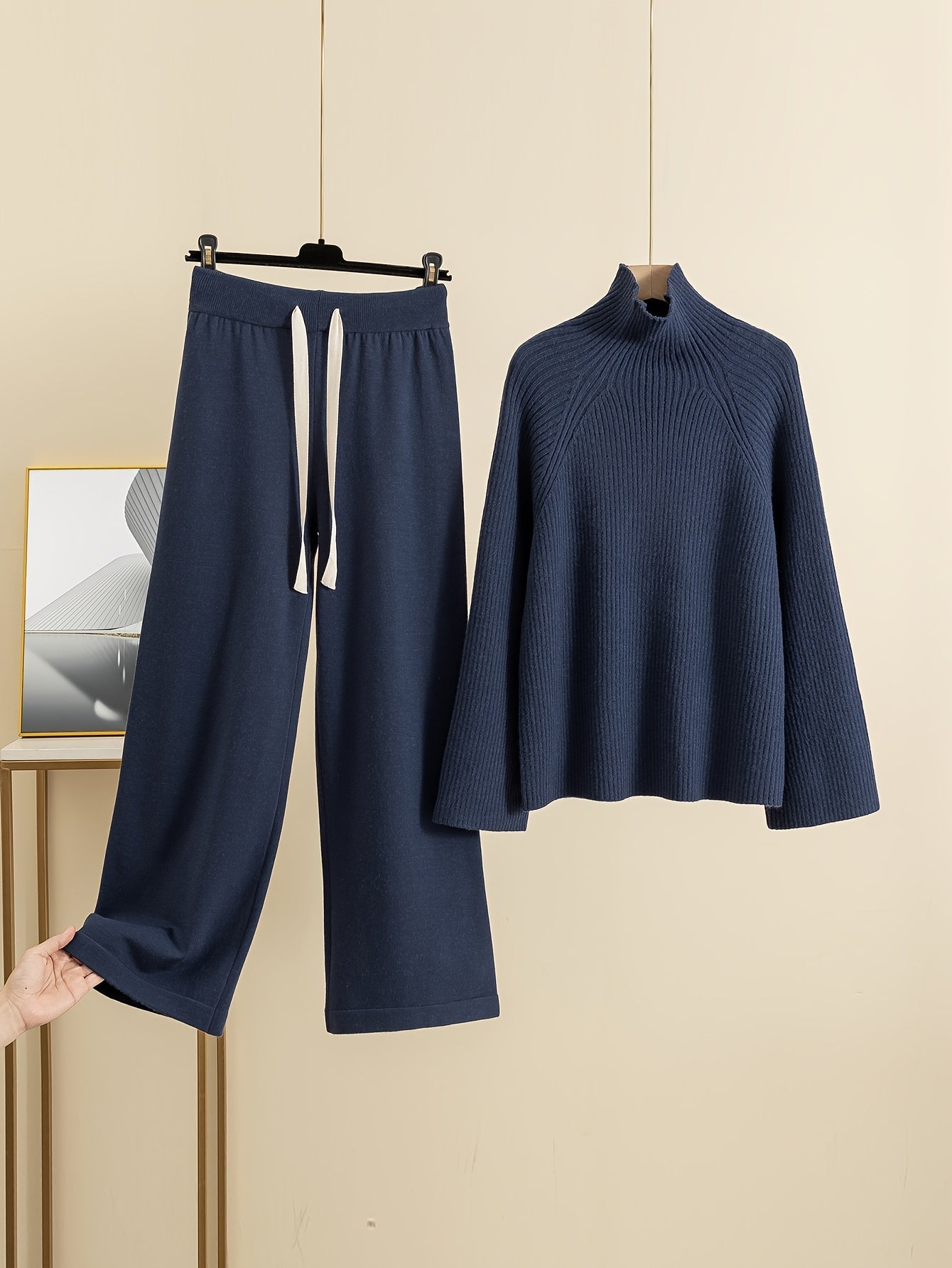 Women'S Elegant High-Neck Long Sleeve Top & Wide-Leg Pants Set - Beige Ribbed Sweater with Drawstring Waist, Casual Fall/Winter Outfit, Casual Attire|Ribbed Texture| Construction, Sweater Set - Lencensa 