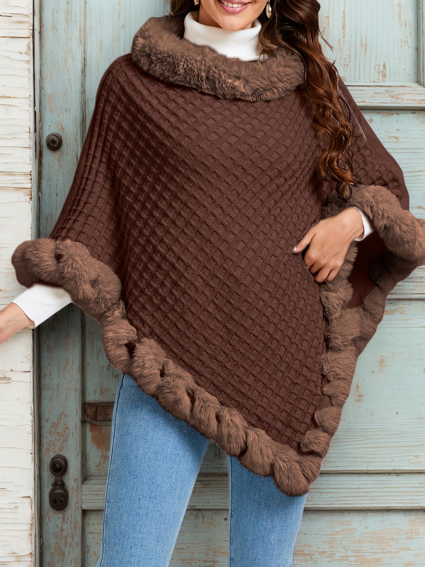 Pure Body" Elegant Special Edition Women's Solid Color Waffle Pullover, 100% Polyester with Faux Fur Collar Splice, Stylish and Warm Sweater for Autumn/Winter, Suitable for Outdoors, Office & Home Wear, Hand Washable, Gift Id - Lencensa 