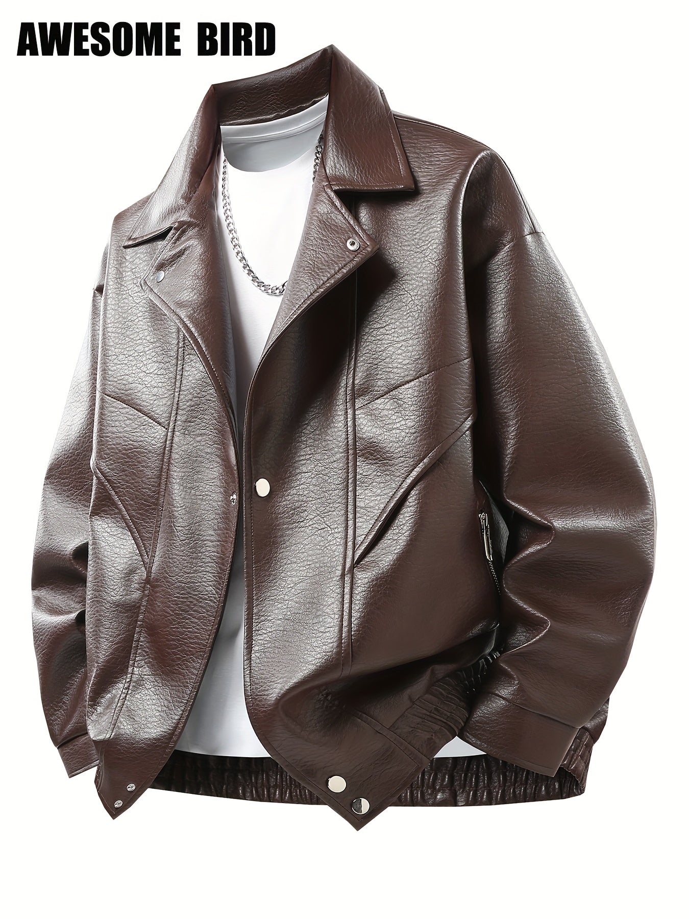 Lencensa - Veste Cuir PU Homme Marron Style urbain