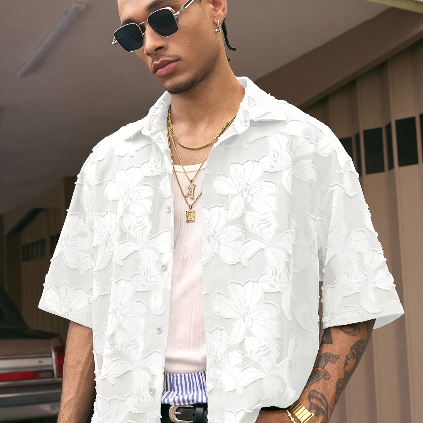 Lencensa - Chemise Homme Manches Courtes Motif Floral