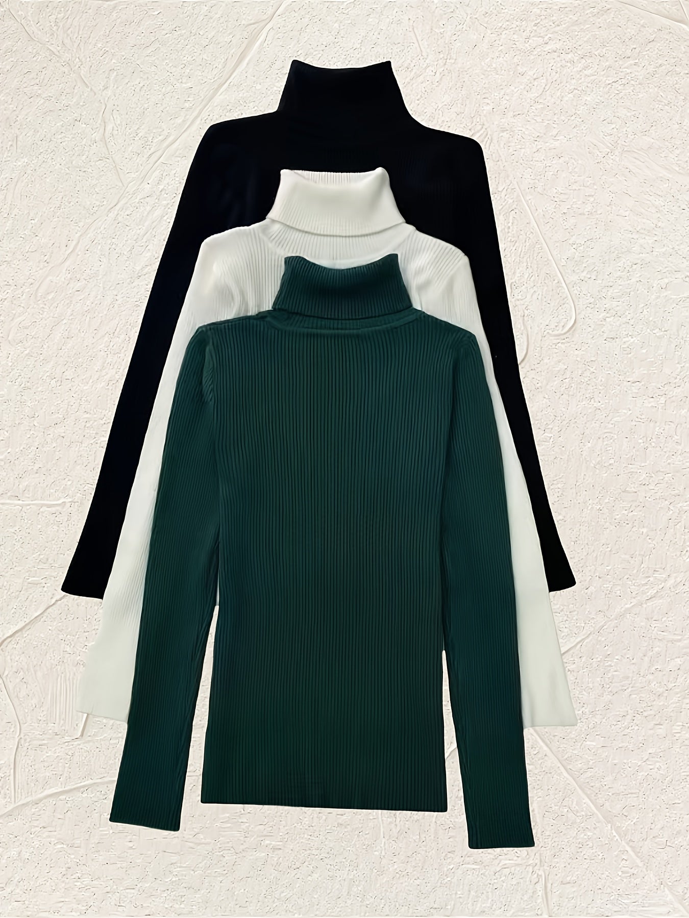 Turtleneck 3 Packs Knitted Pullover Sweater, Casual Solid Color Long Sleeve Sweater For Fall & Winter, Women's Clothing - Lencensa 
