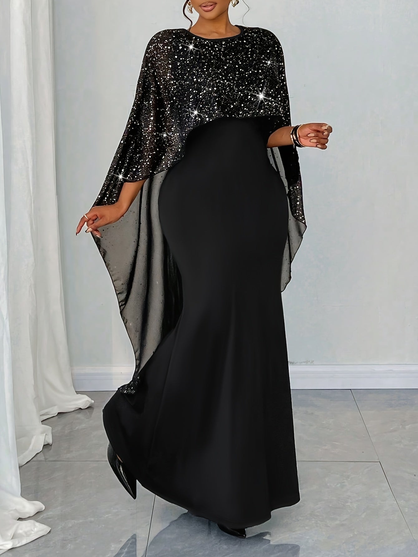 Robe Cape Sequins Lencensa - Sirène Noire Manches Fluides Femme