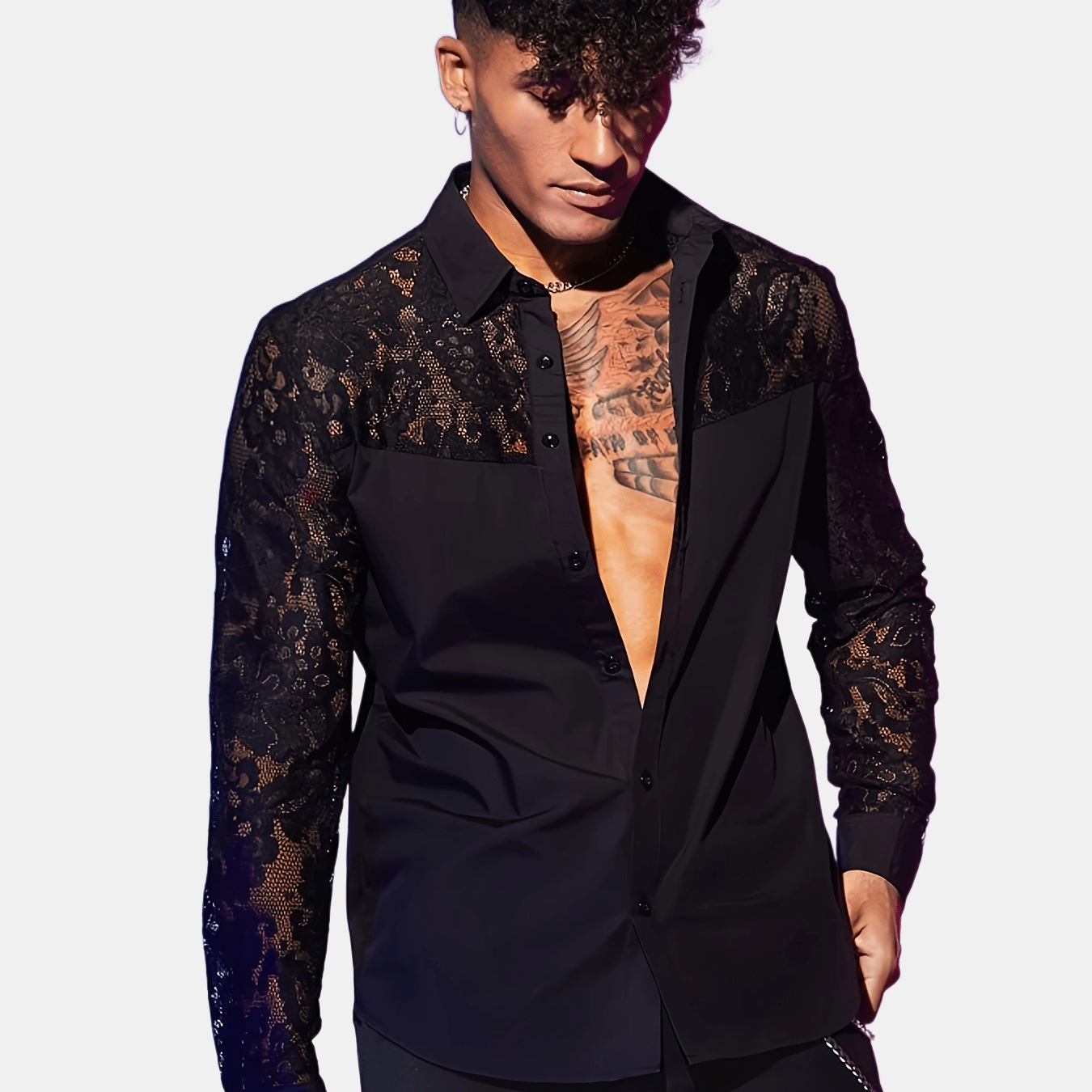 Lencensa - Chemise Homme Dentelle Noire Manches Longues