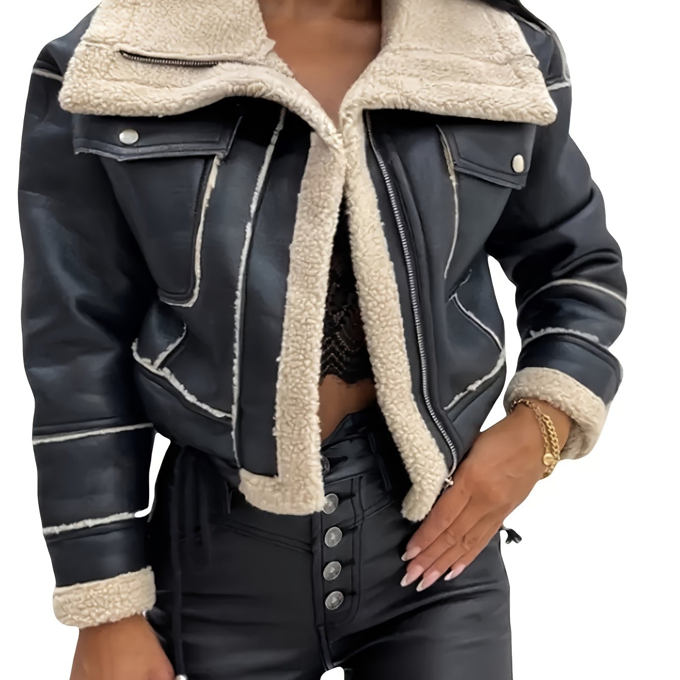 Veste Femme Fausse Fourrure Style Biker - Polyester Col Revers Automne Hiver - Lencensa 