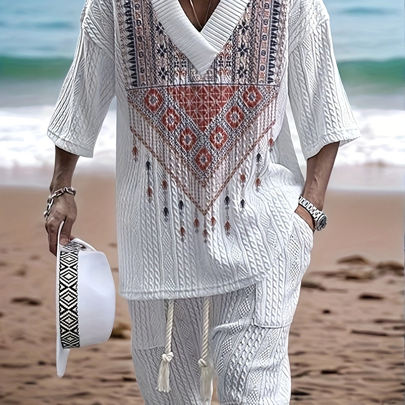 Ensemble Jacquard Lencensa - Col V Motifs Ethniques Casual Homme