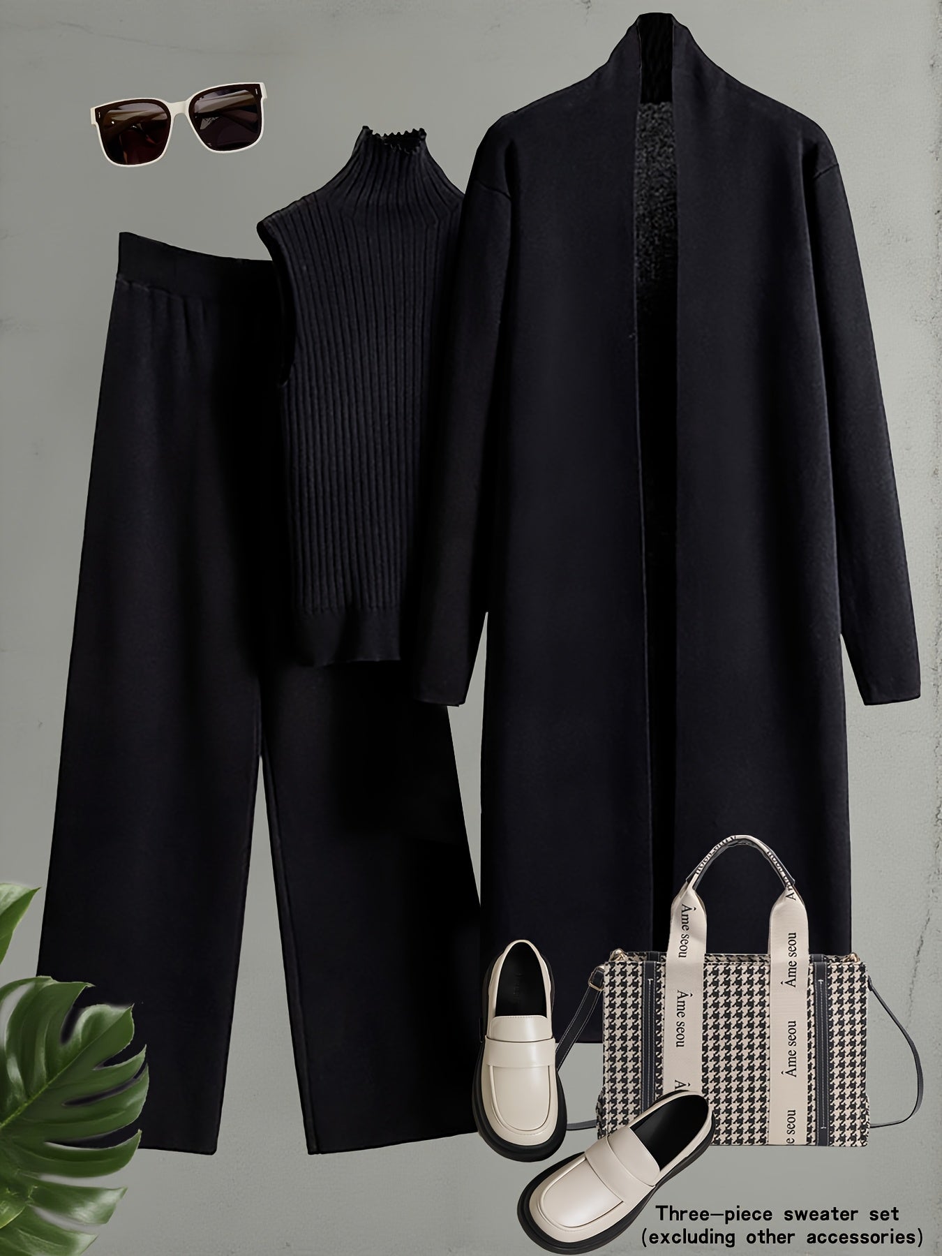 Autumn and Winter Women's Outfit, Solid Color Sweater Three-Piece Set, Cardigan Jacket Ensemble, Casual Elegant Ladies' Suit, Korean Style Top and Bottom Set, Fabric Wide-Leg Pants Set, Fabric Vest Set, Commuter Style Outfit, - Lencensa 