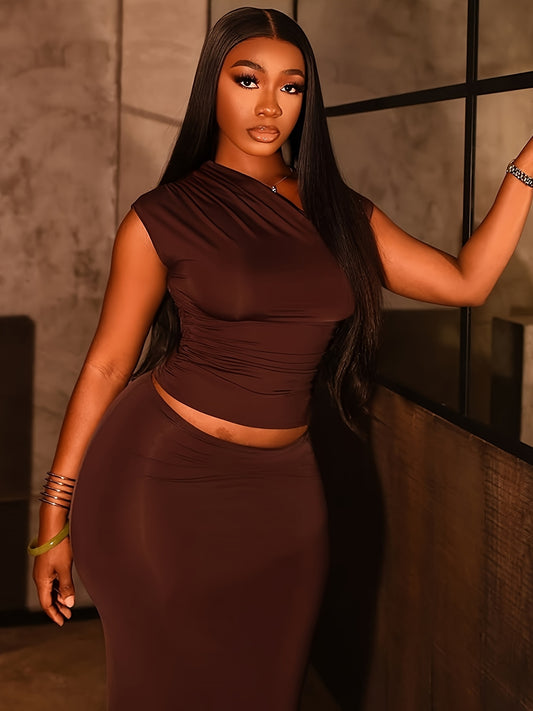 Lencensa - Ensemble Crop Top Épaules Nues et Jupe Taille Haute