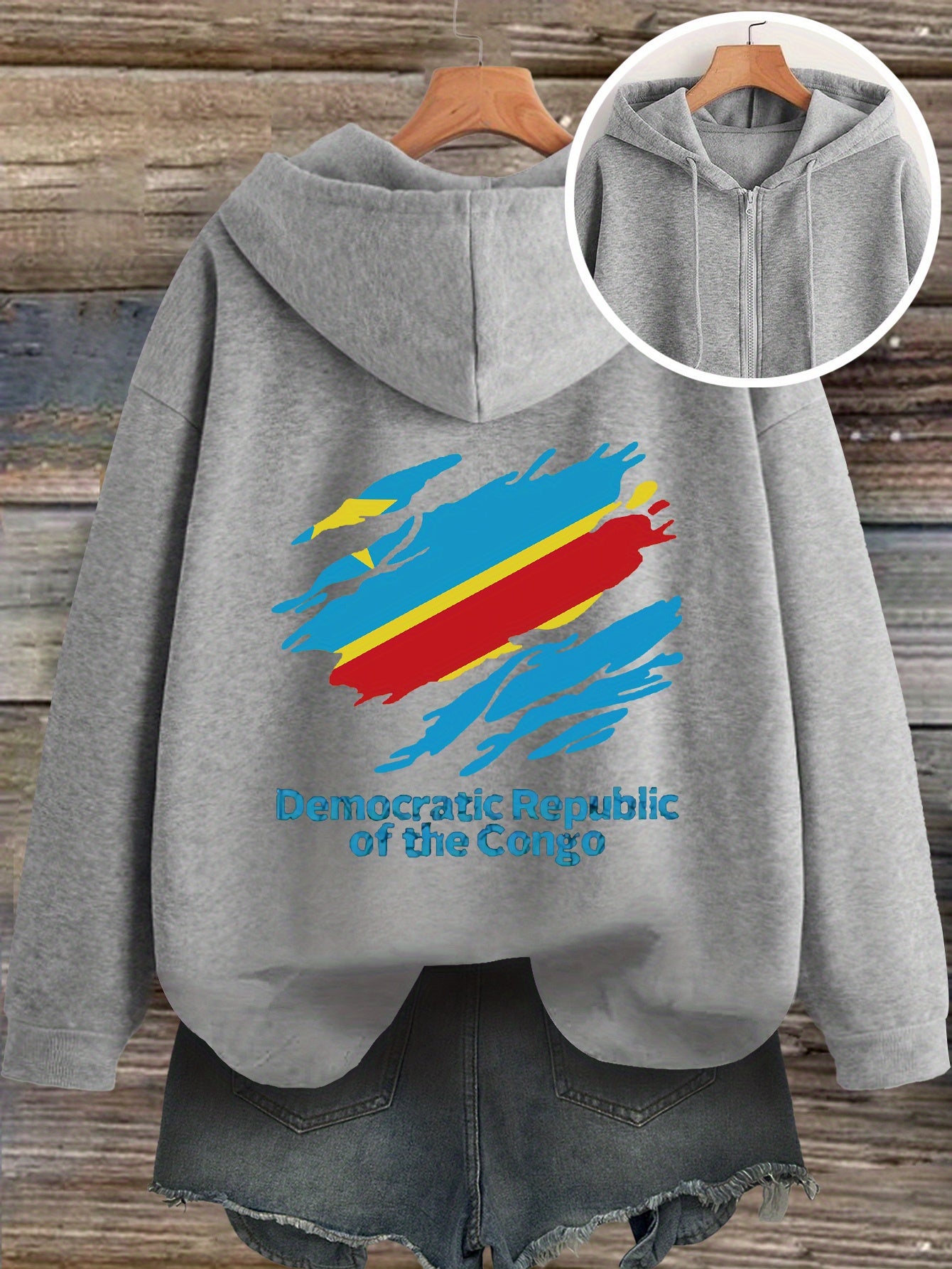 Women'S Casual Hooded Zip-Up Cardigan with Democratic Republic of the Congo Print, Loose Fit Fashion Top for Fall/Winter, Front Pocket Detail, Hoodie - Lencensa 