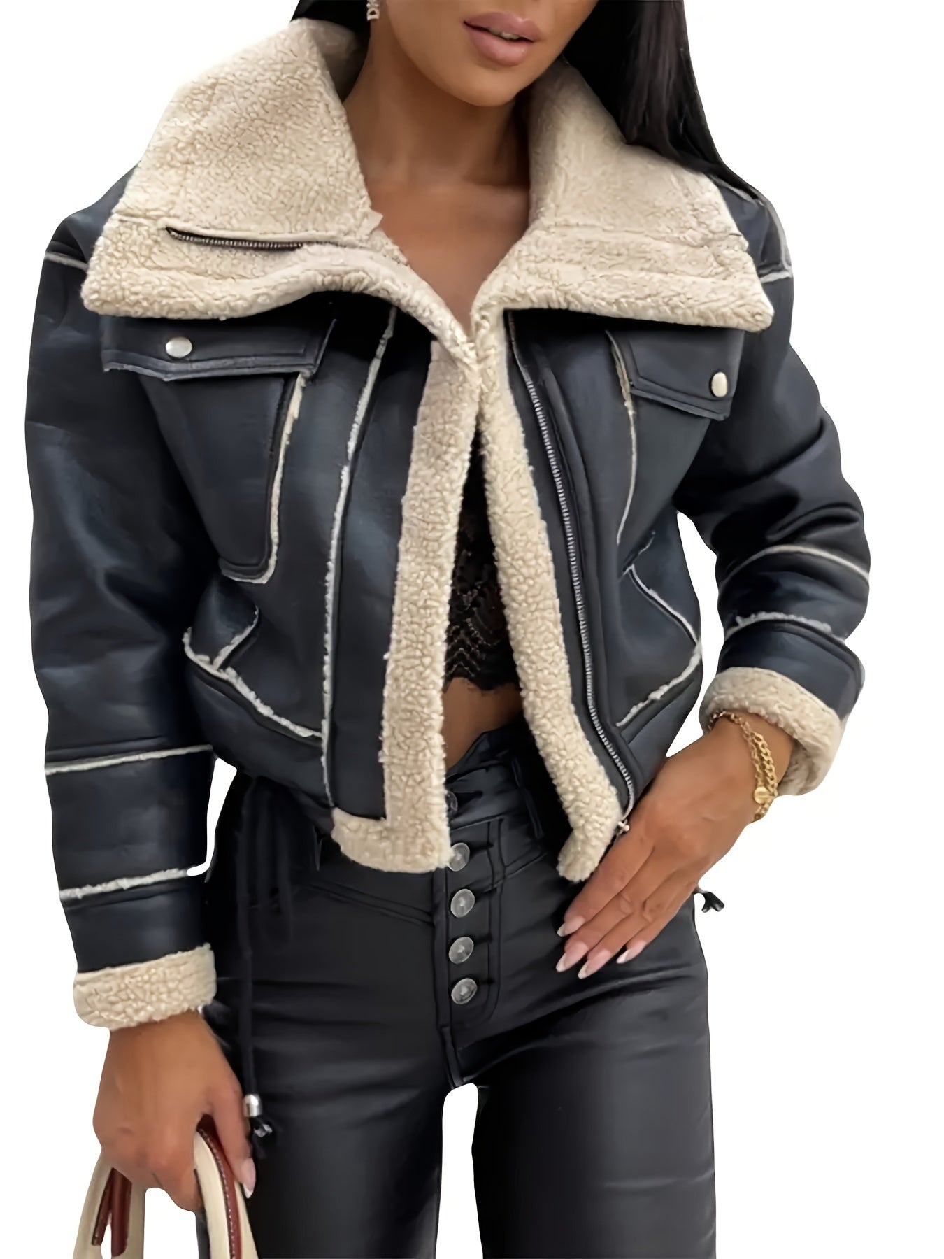 Veste Femme Fausse Fourrure Style Biker - Polyester Col Revers Automne Hiver - Lencensa 