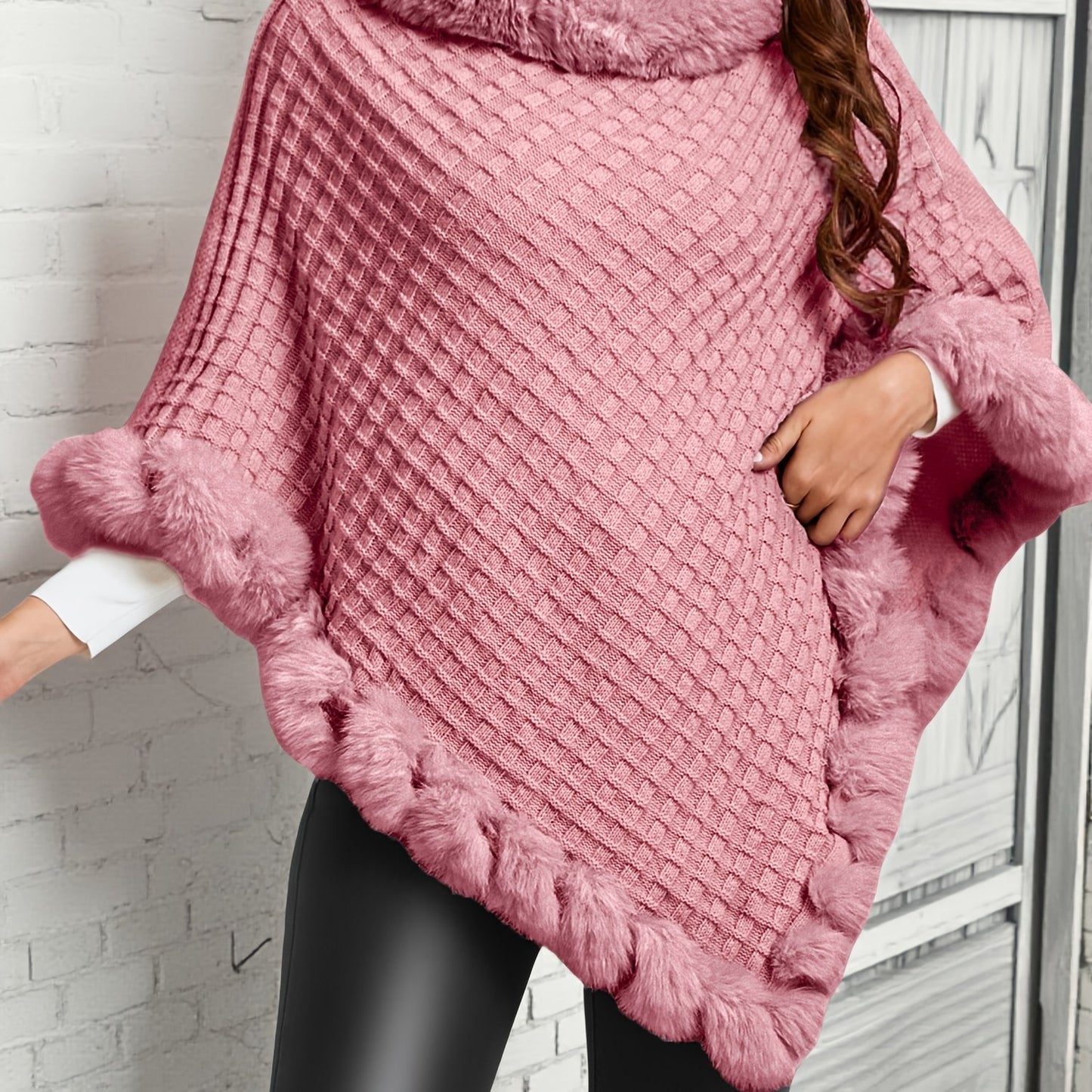 Pure Body" Elegant Special Edition Women's Solid Color Waffle Pullover, 100% Polyester with Faux Fur Collar Splice, Stylish and Warm Sweater for Autumn/Winter, Suitable for Outdoors, Office & Home Wear, Hand Washable, Gift Id - Lencensa 