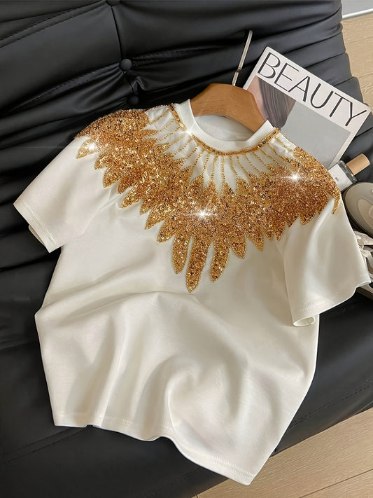 T-Shirt Ailes Dorées Lencensa - Top Blanc Sequins 3D Été Femme