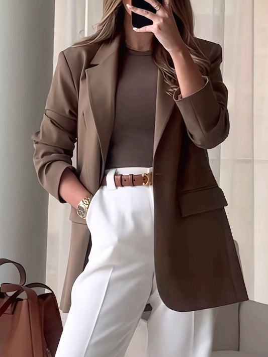 Elegant Solid Color Blazer - 100% Polyester Machine-Washable H-Silhouette Long Sleeve Jacket with Decorative Pockets for Office, Commuting & Casual Wear - Lencensa 