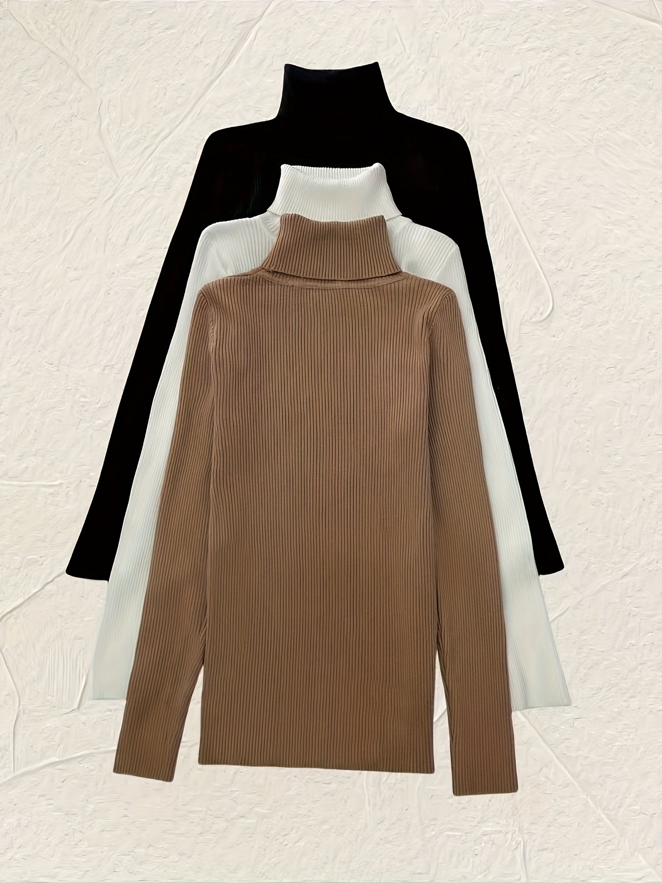 Turtleneck 3 Packs Knitted Pullover Sweater, Casual Solid Color Long Sleeve Sweater For Fall & Winter, Women's Clothing - Lencensa 