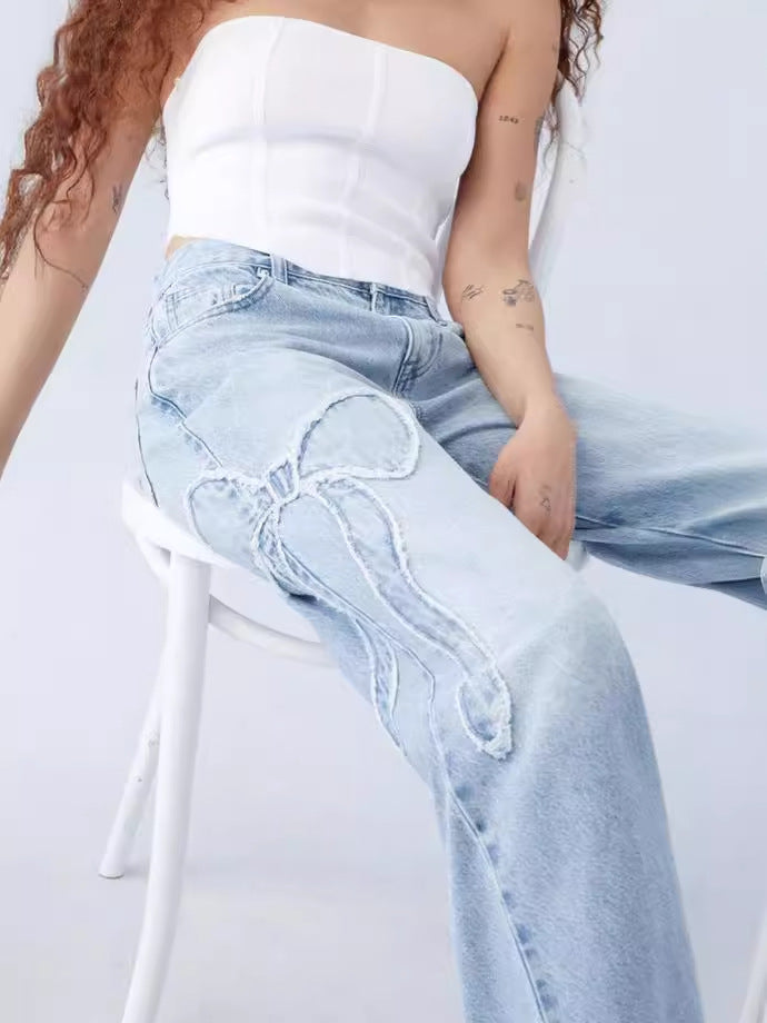 Embroidered High Waist Straight Leg Jeans - Lencensa 