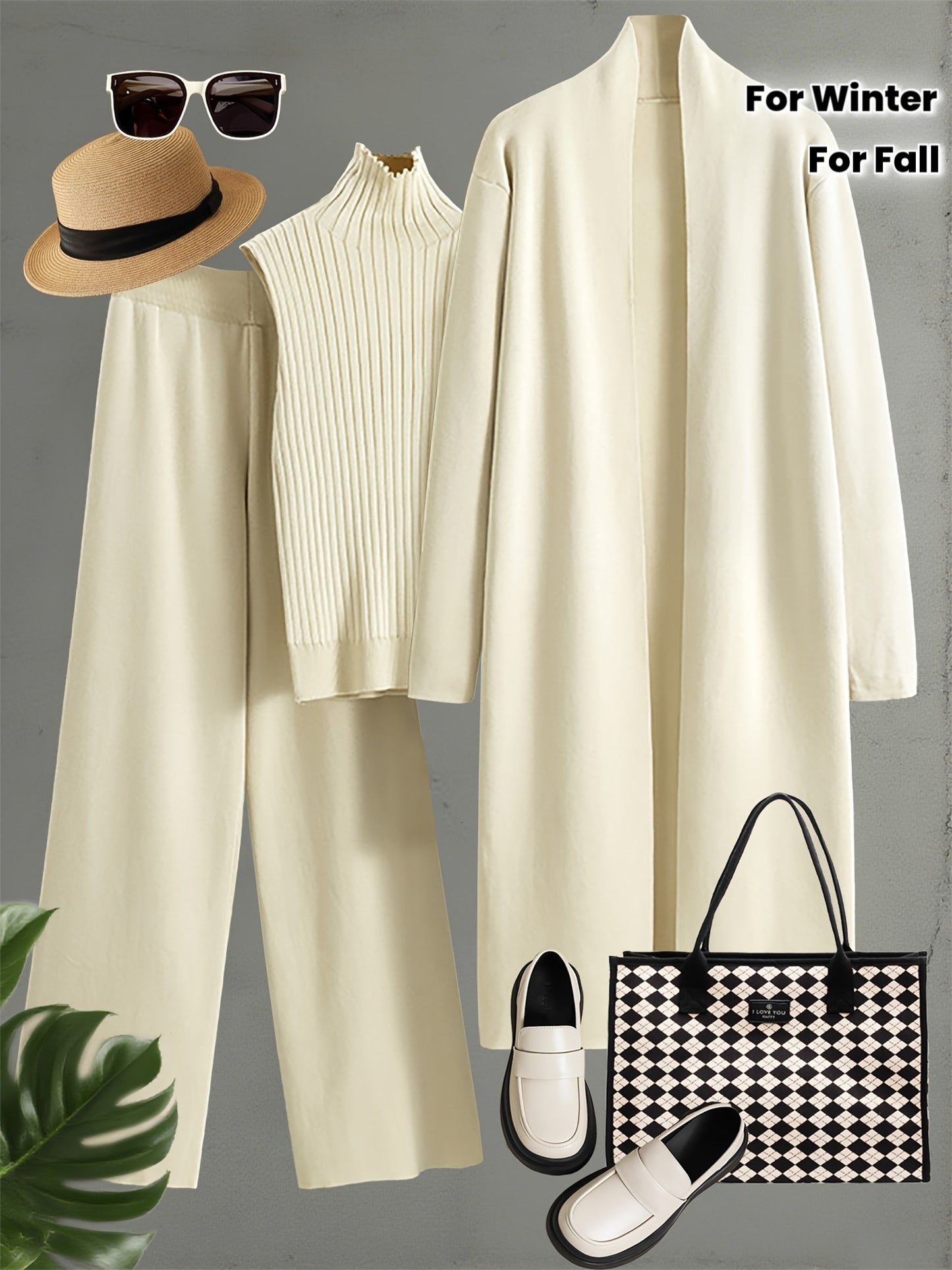 Autumn and Winter Women's Outfit, Solid Color Sweater Three-Piece Set, Cardigan Jacket Ensemble, Casual Elegant Ladies' Suit, Korean Style Top and Bottom Set, Fabric Wide-Leg Pants Set, Fabric Vest Set, Commuter Style Outfit, - Lencensa 