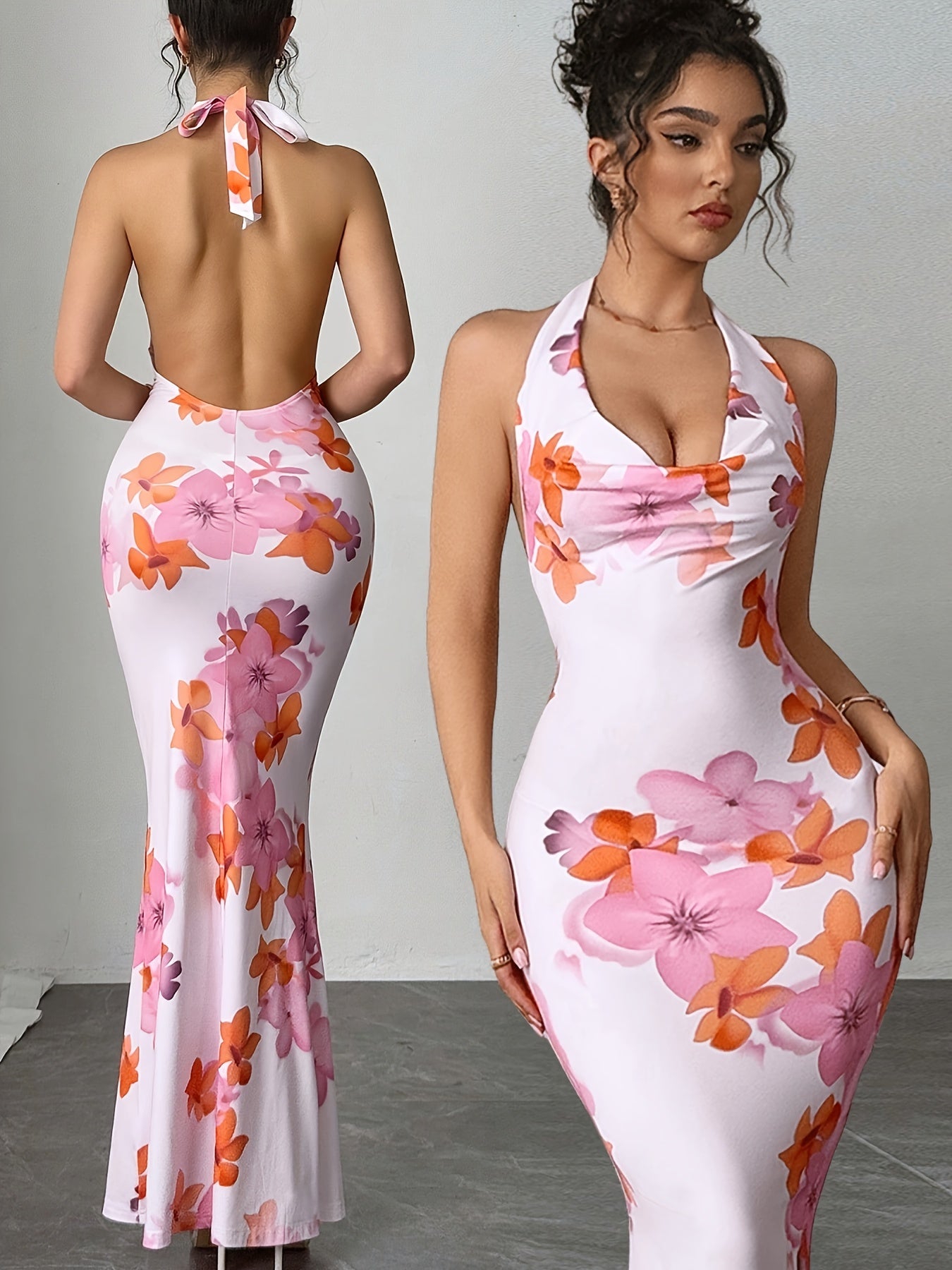 Lencensa - Robe Maxi Sirène Dos Nu Motif Floral