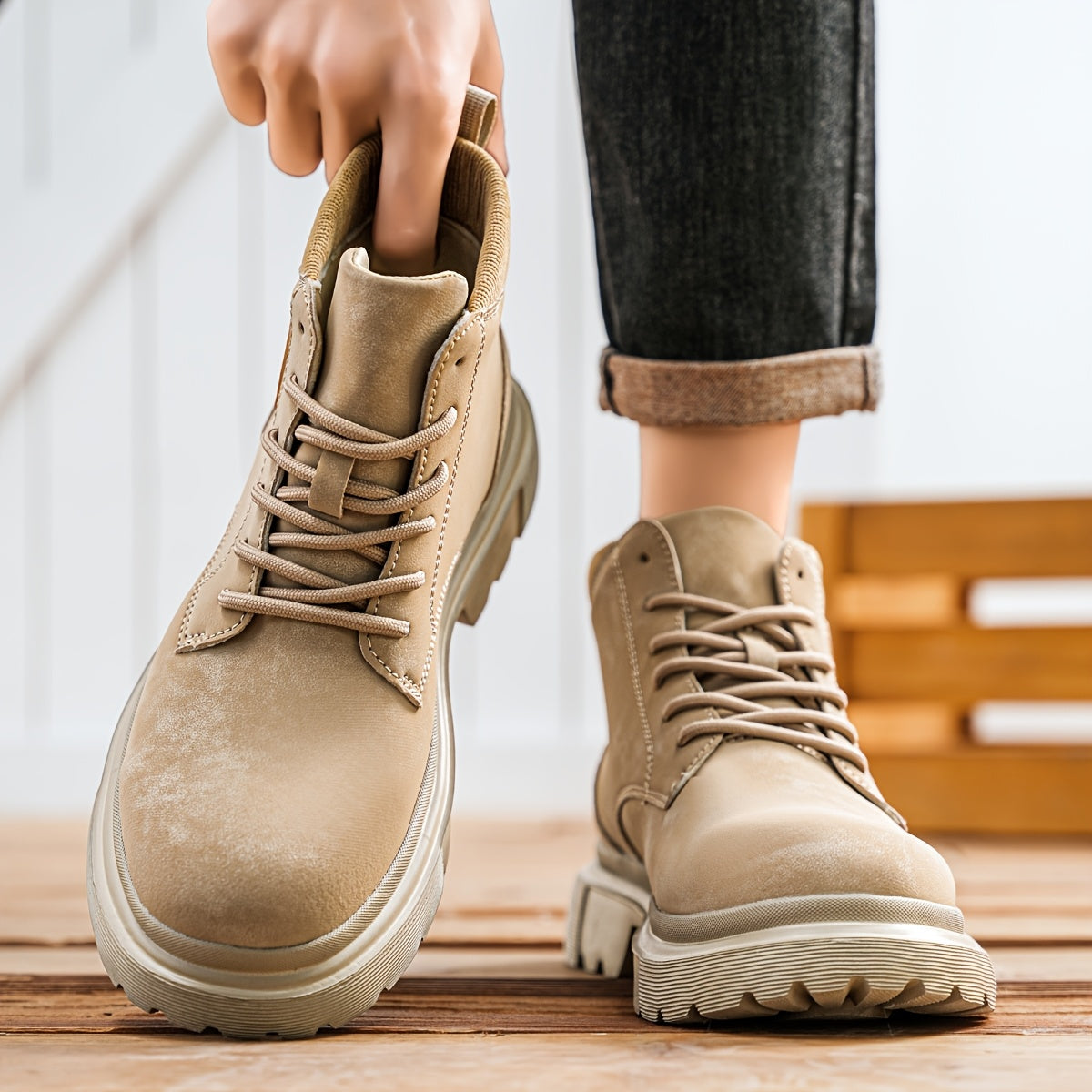 Bottes de randonnée à mi-haut de mode unisexe, couleur unie, style sportif décontracté, chaussures à lacets toutes saisons, fausse tige, intérieur en tissu, semelle en caoutchouc, bout uni pour hommes et femmes