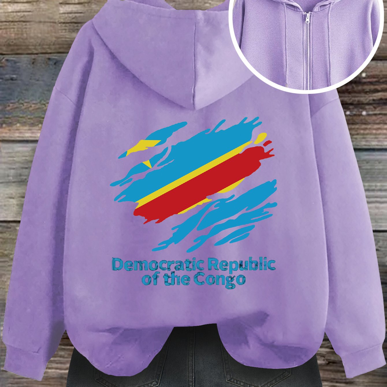 Women'S Casual Hooded Zip-Up Cardigan with Democratic Republic of the Congo Print, Loose Fit Fashion Top for Fall/Winter, Front Pocket Detail, Hoodie - Lencensa 