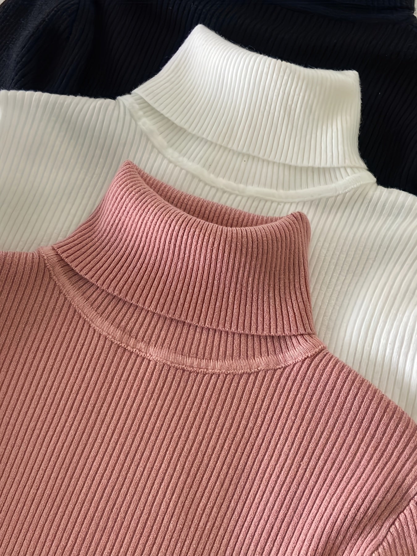 Turtleneck 3 Packs Knitted Pullover Sweater, Casual Solid Color Long Sleeve Sweater For Fall & Winter, Women's Clothing - Lencensa 