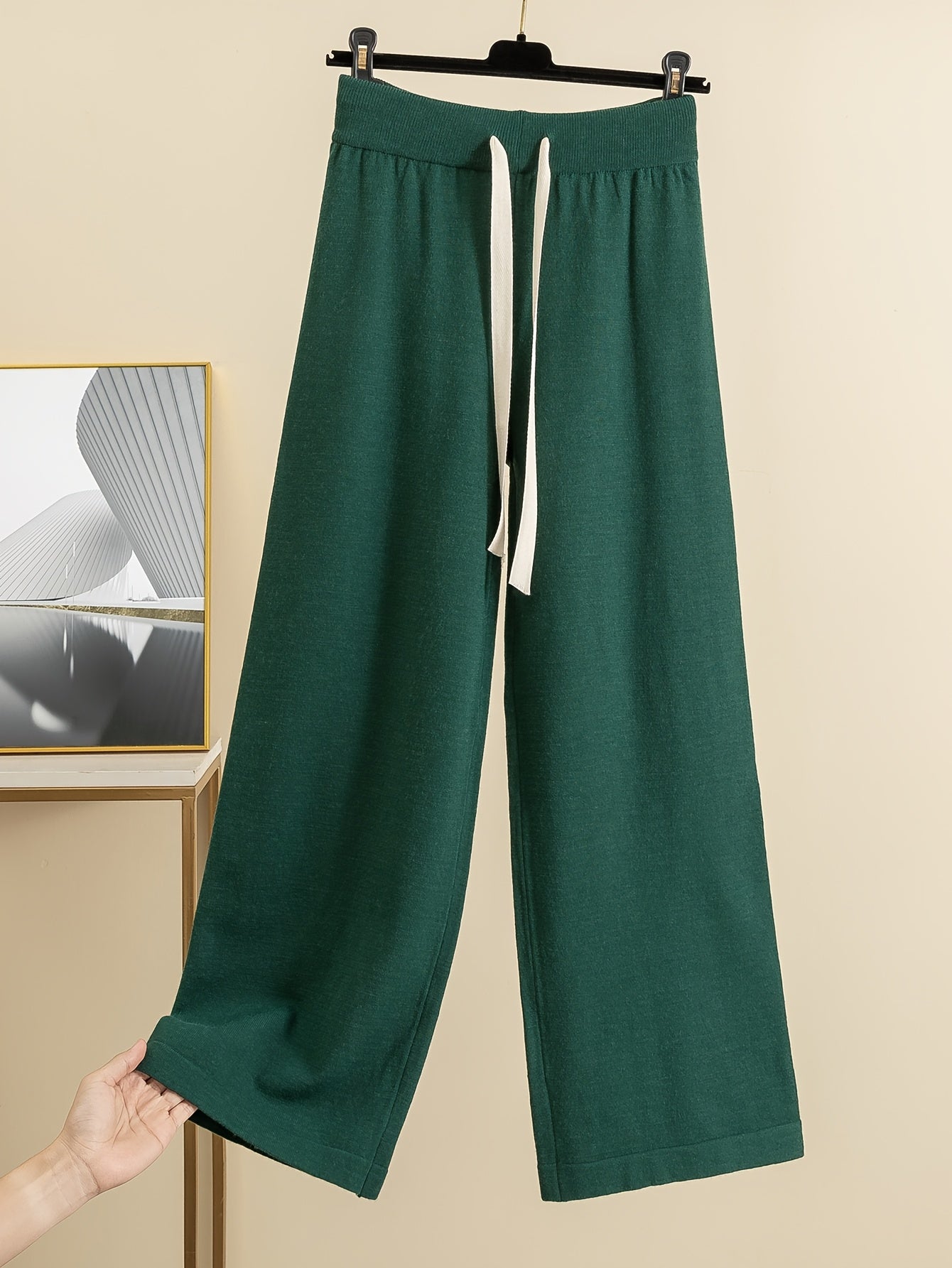 Women'S Elegant High-Neck Long Sleeve Top & Wide-Leg Pants Set - Beige Ribbed Sweater with Drawstring Waist, Casual Fall/Winter Outfit, Casual Attire|Ribbed Texture| Construction, Sweater Set - Lencensa 