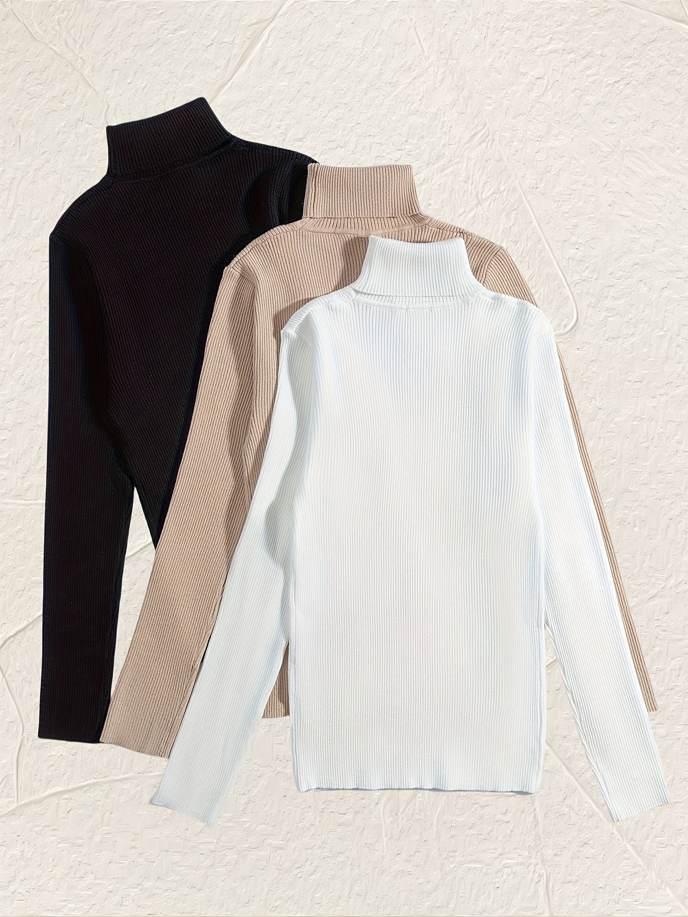 Turtleneck 3 Packs Knitted Pullover Sweater, Casual Solid Color Long Sleeve Sweater For Fall & Winter, Women's Clothing - Lencensa 