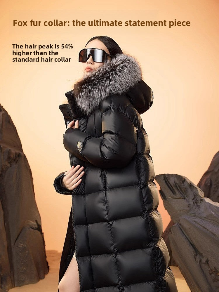 Veste en duvet d’oie noire élégante avec col en fourrure de renard - Lencensa 