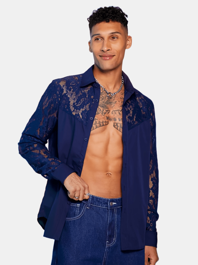 Lencensa - Chemise Homme Dentelle Noire Manches Longues