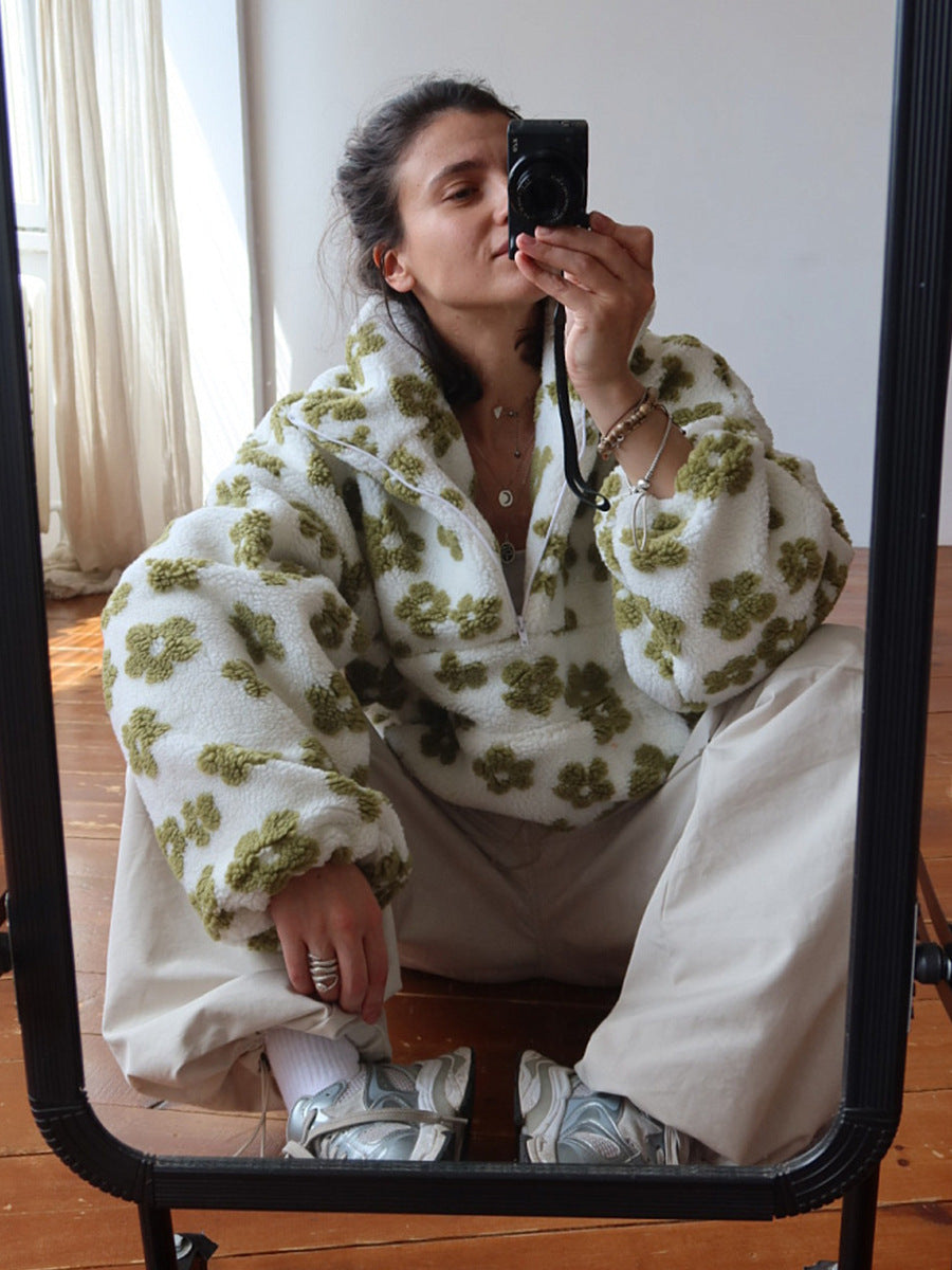 Floral Fleece Hoodie Women Loose Fit Warm Pullover - Lencensa 