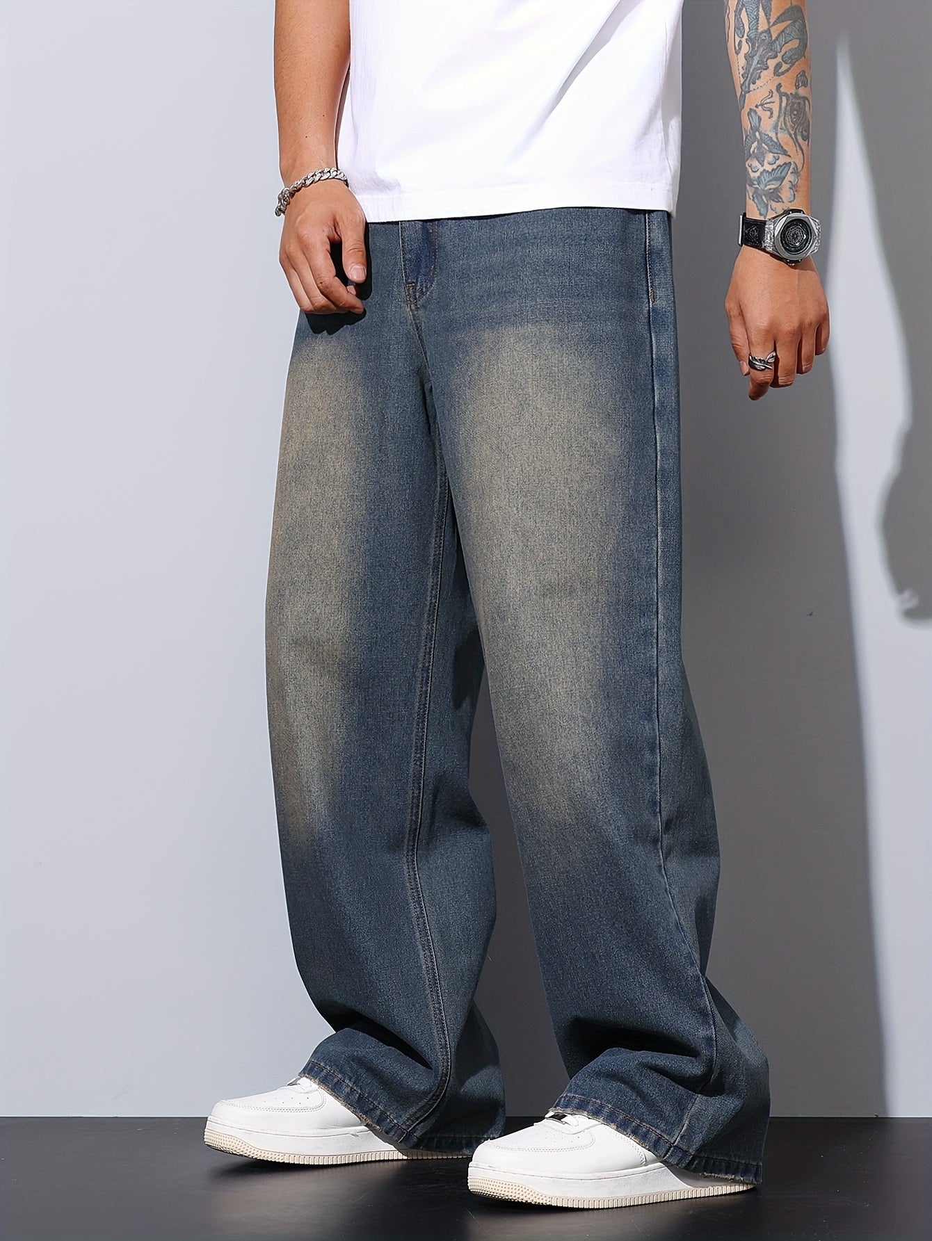 Jean Délavé Lencensa - Coupe Large Effet Usé Bleu Homme