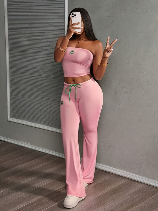 Lencensa - Ensemble Femme Crop Top Épaules Nues et Legging Rose