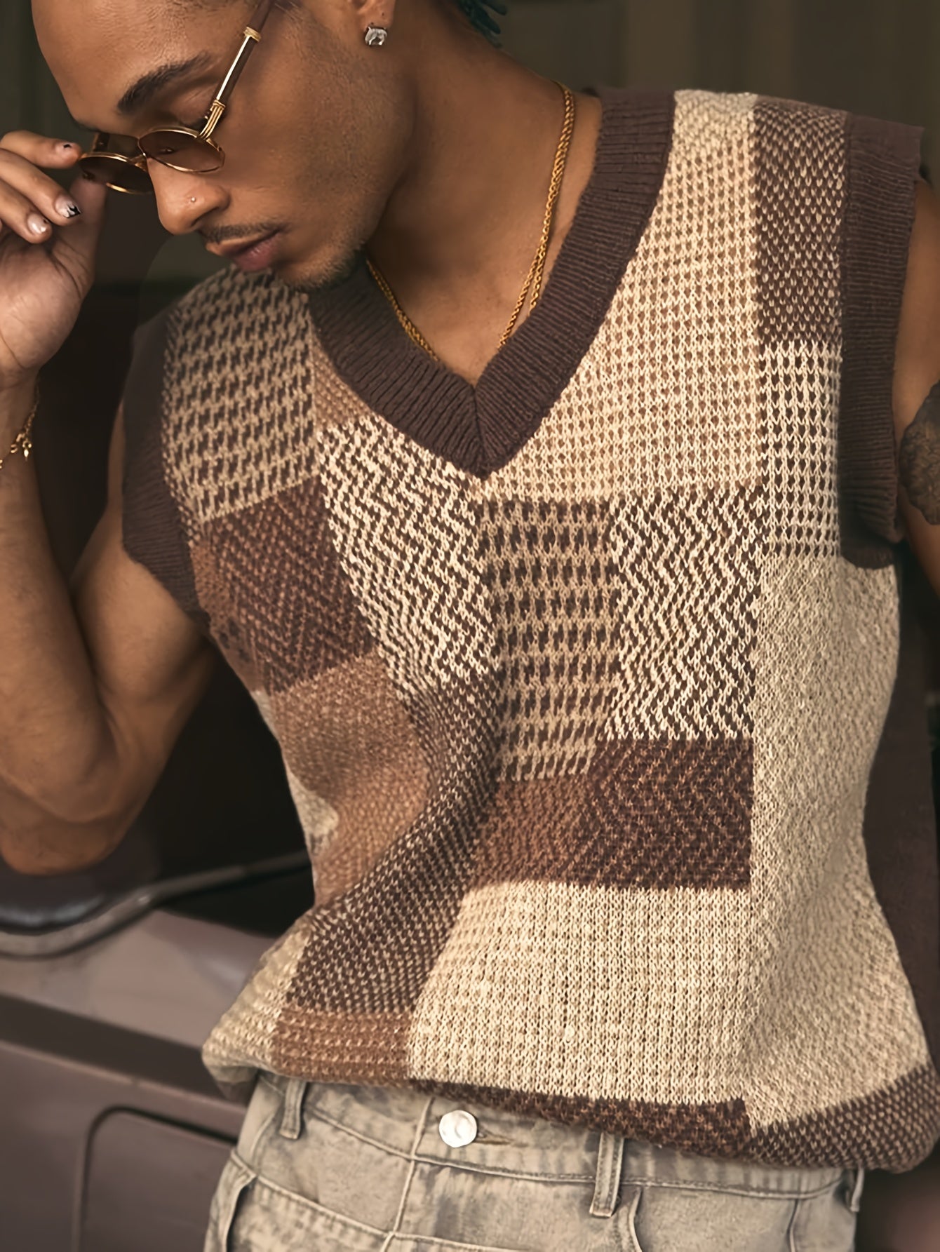 Lencensa - Gilet Homme Col V Tricot Motif Géométrique