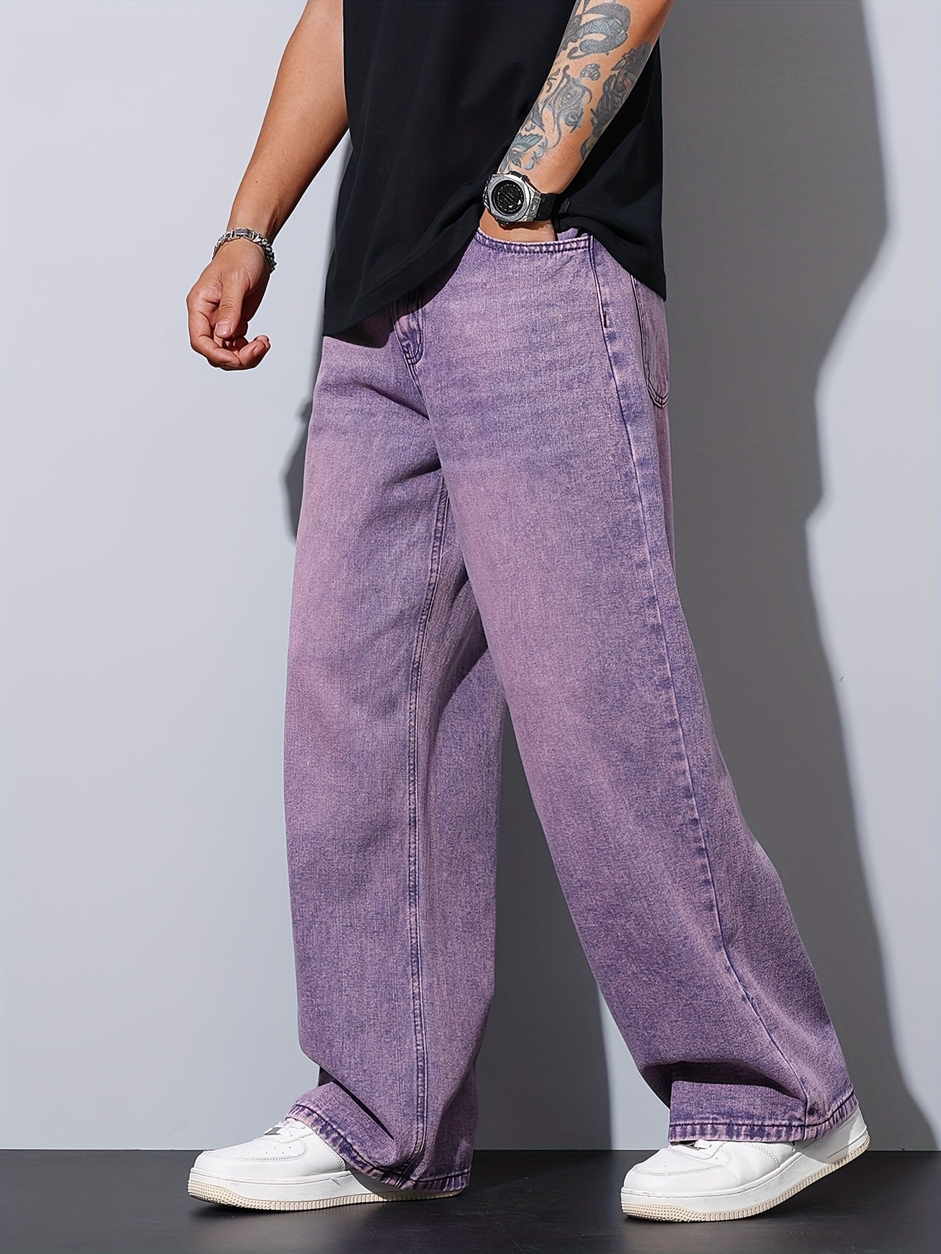 Lencensa - Jean Homme Violet Coupe Large Décontracté