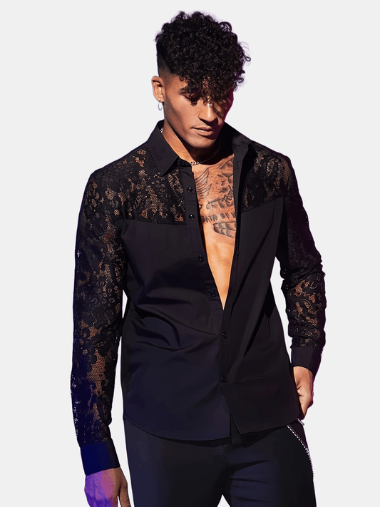Lencensa - Chemise Homme Dentelle Noire Manches Longues