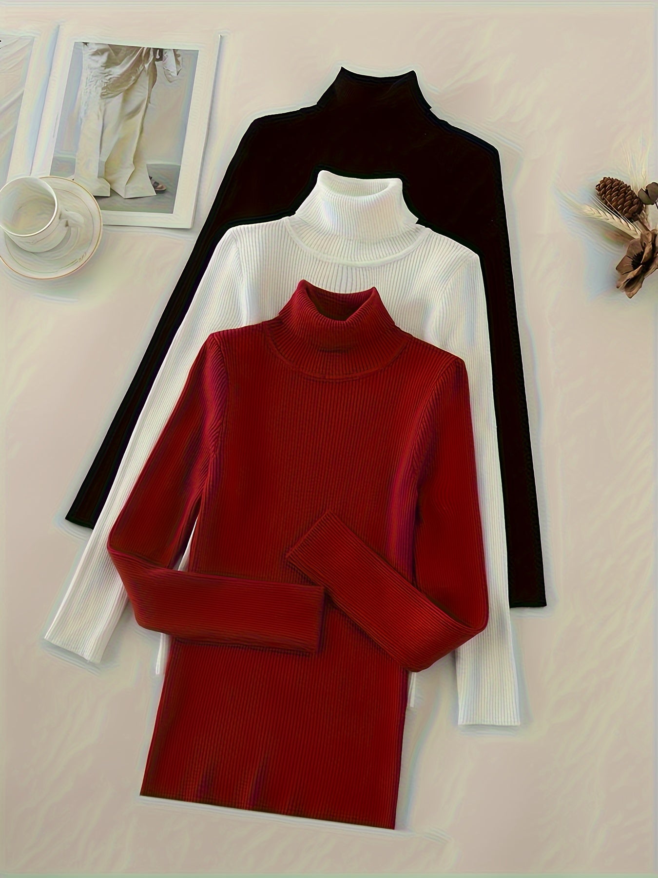 Turtleneck 3 Packs Knitted Pullover Sweater, Casual Solid Color Long Sleeve Sweater For Fall & Winter, Women's Clothing - Lencensa 