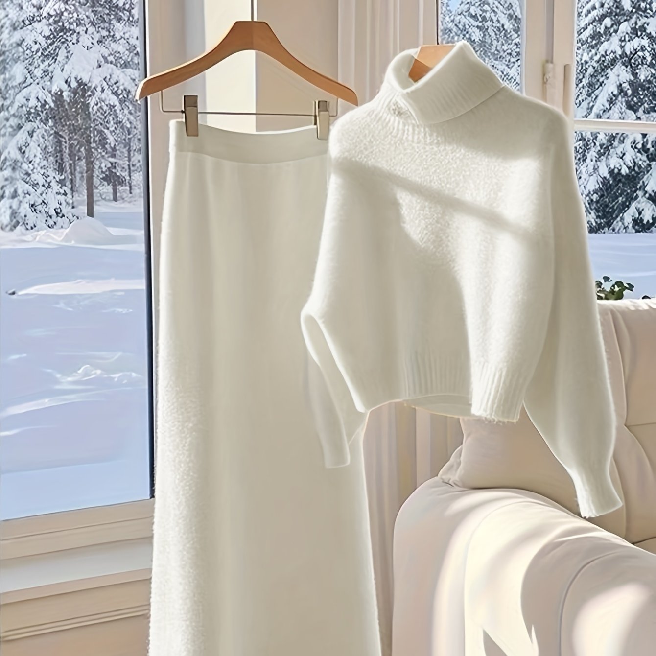 Elegant Women'S Two-Piece Set: High Neck Sweater and Skirt - Chic White, Long Sleeve, Button-Up, Perfect for Fall/Winter, Stylish Office Attire, Office Attire|Sleek Formal Attire| Fabric, Winter Skirt And Top Set For Women, S - Lencensa 