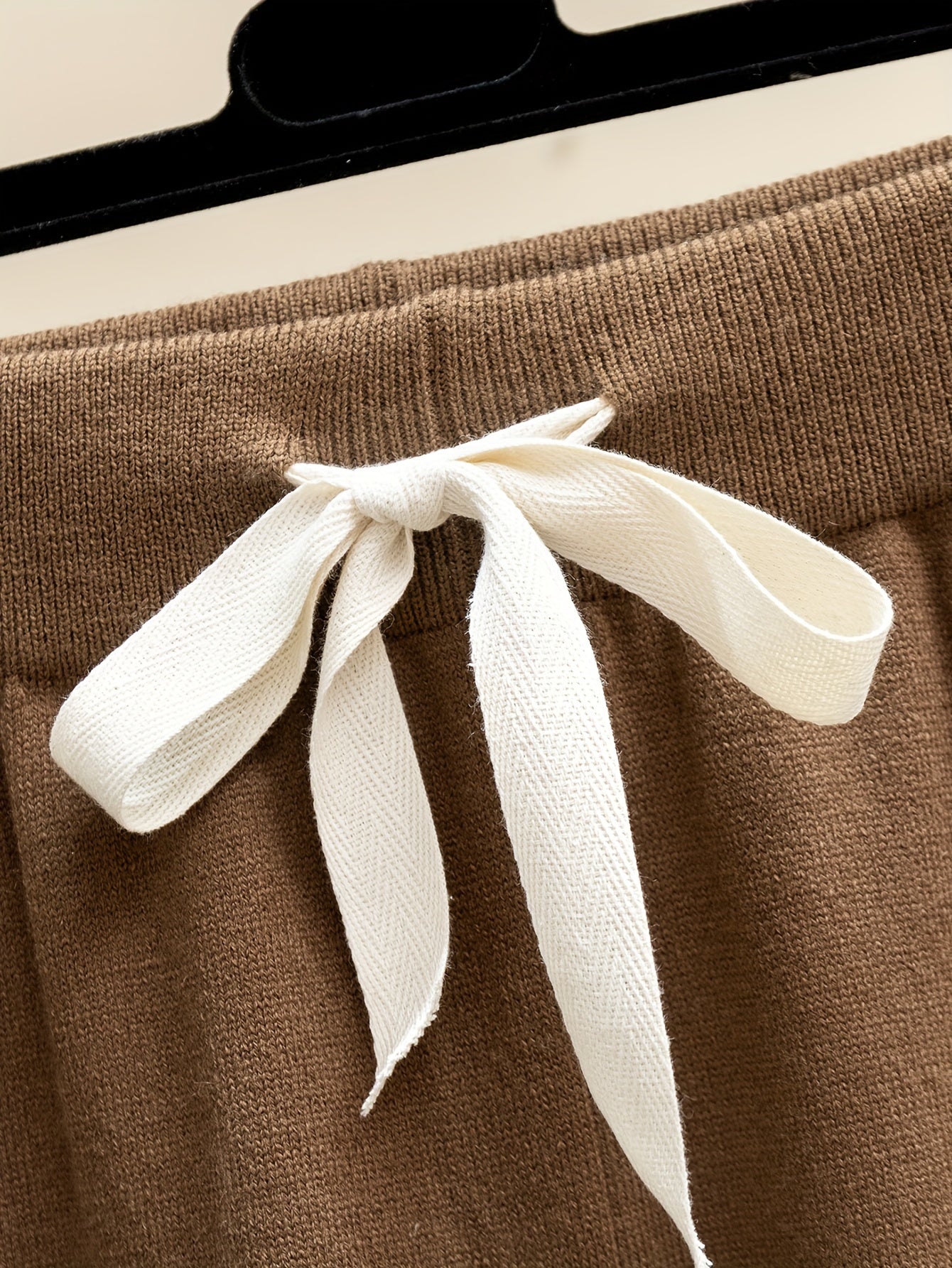 Women'S Elegant High-Neck Long Sleeve Top & Wide-Leg Pants Set - Beige Ribbed Sweater with Drawstring Waist, Casual Fall/Winter Outfit, Casual Attire|Ribbed Texture| Construction, Sweater Set - Lencensa 