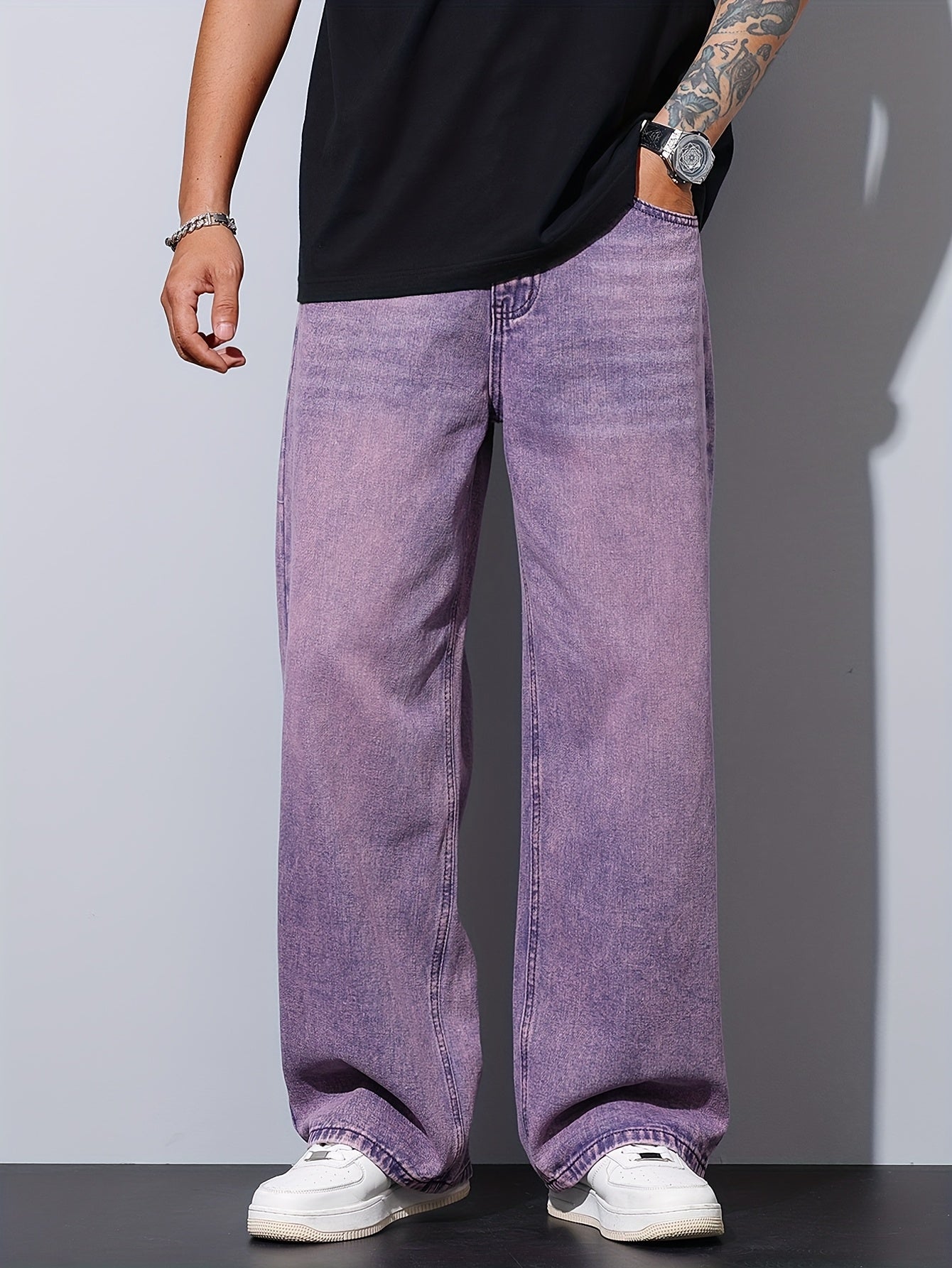 Lencensa - Jean Homme Violet Coupe Large Décontracté