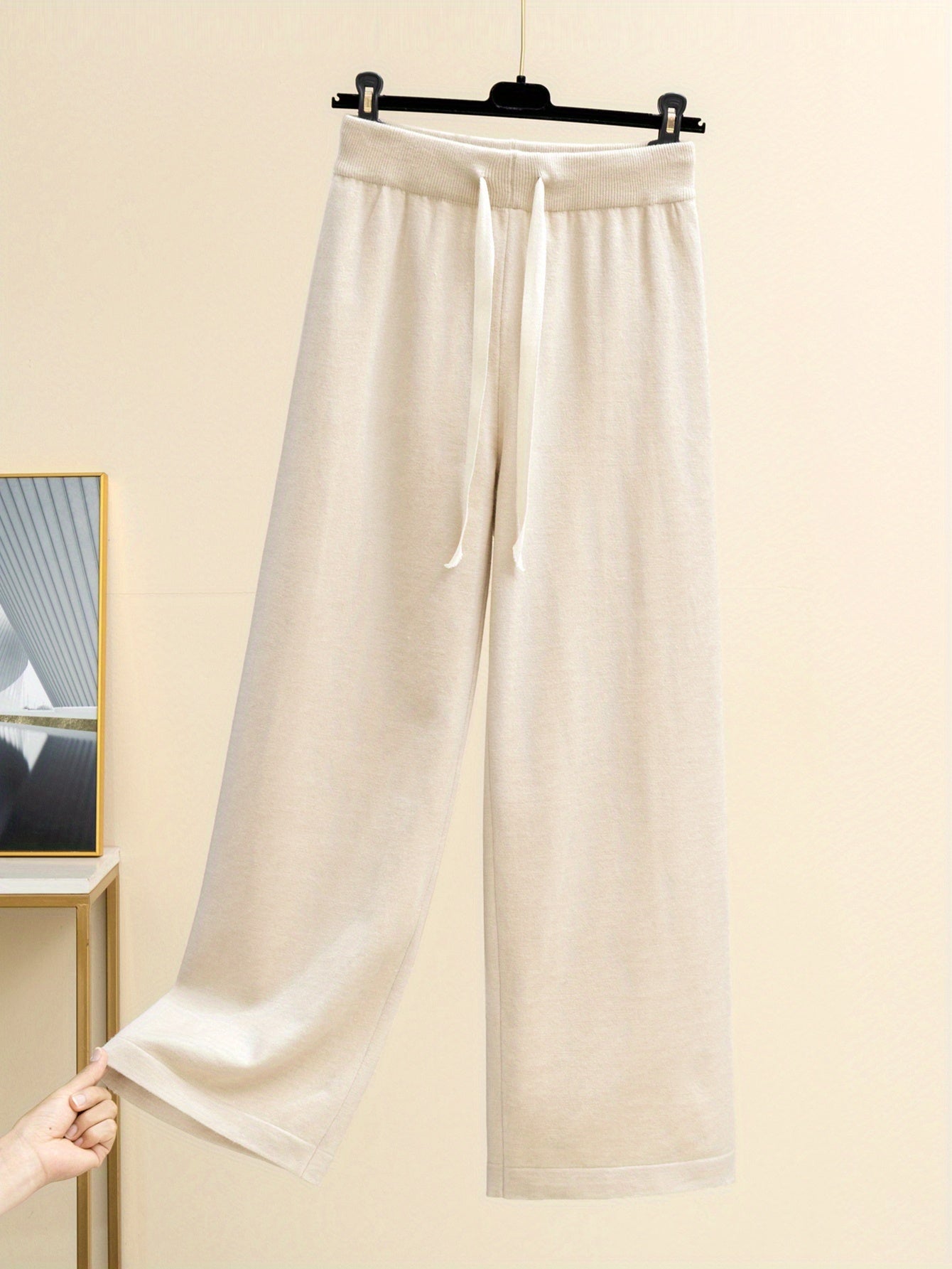 Women'S Elegant High-Neck Long Sleeve Top & Wide-Leg Pants Set - Beige Ribbed Sweater with Drawstring Waist, Casual Fall/Winter Outfit, Casual Attire|Ribbed Texture| Construction, Sweater Set - Lencensa 