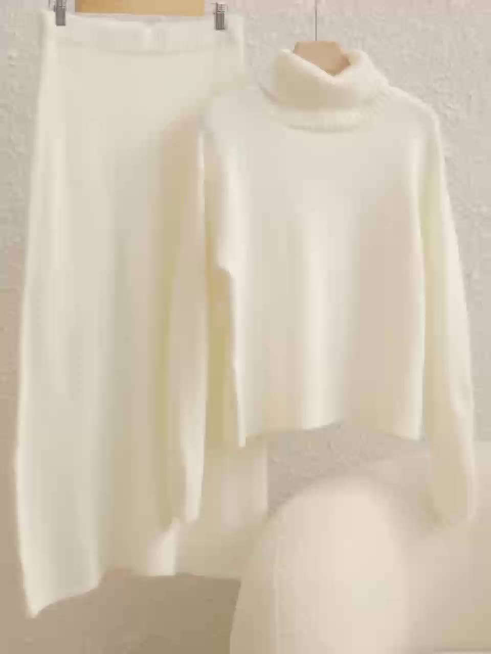 Elegant Women'S Two-Piece Set: High Neck Sweater and Skirt - Chic White, Long Sleeve, Button-Up, Perfect for Fall/Winter, Stylish Office Attire, Office Attire|Sleek Formal Attire| Fabric, Winter Skirt And Top Set For Women, S - Lencensa 