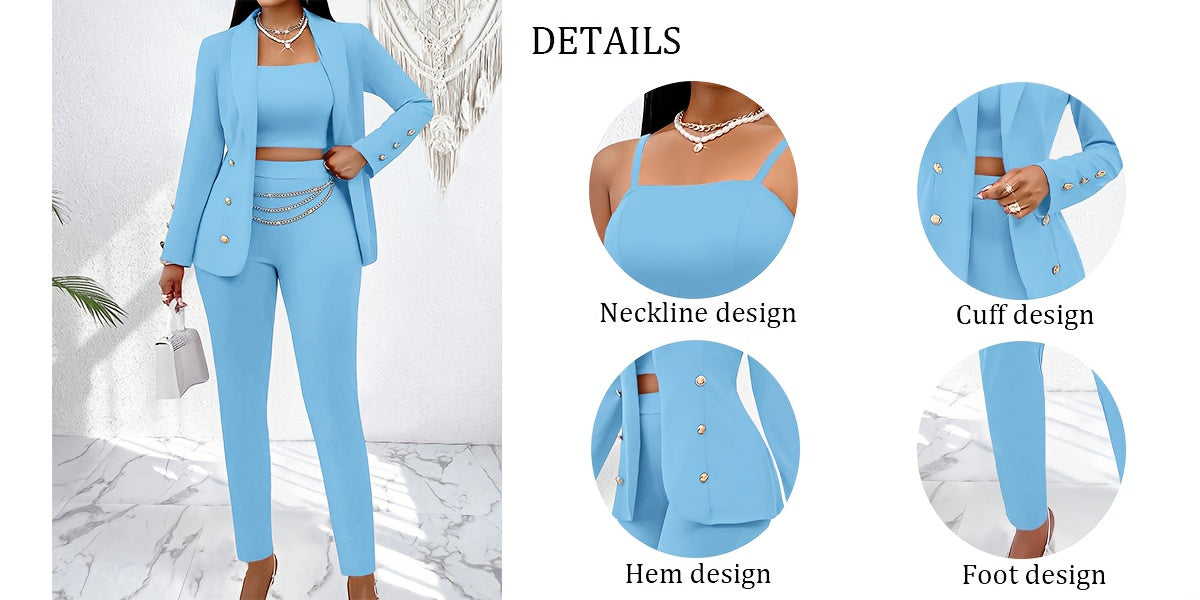 Women's Elegant 3pcs Beige/Beige/Nude Suit Set - Tailored Collar Blazer, Structured Wide-Leg Pants & Wrinkle-Resistant Tailored Blazer Jacket with Matching Pants - Office, Wedding, Formal Events - Machine Washable & Versatile - Lencensa 